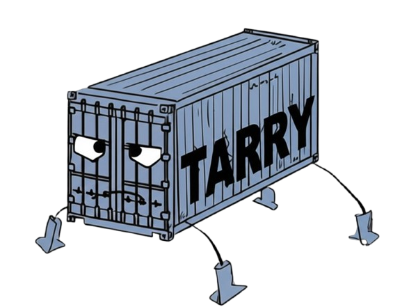Tarry - A blue shipping container character with eyes and legs